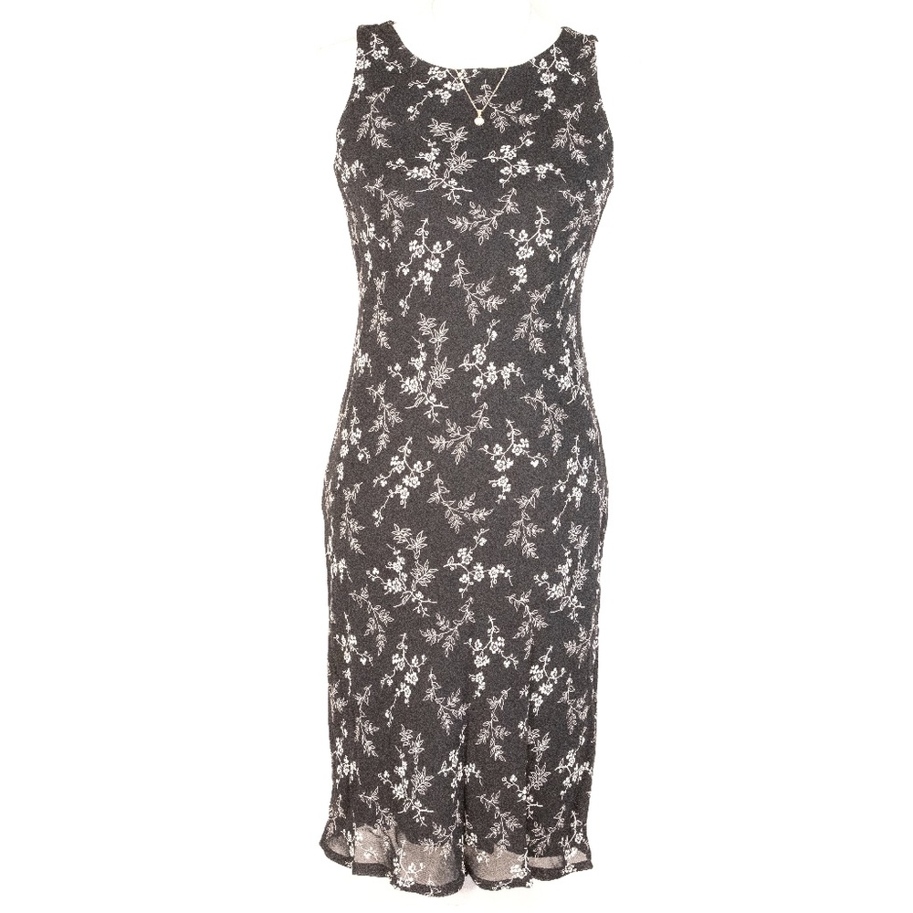 Size 8 Sleeveless Black Sheath Midi Dress with Floral Pattern, Scoop Neck